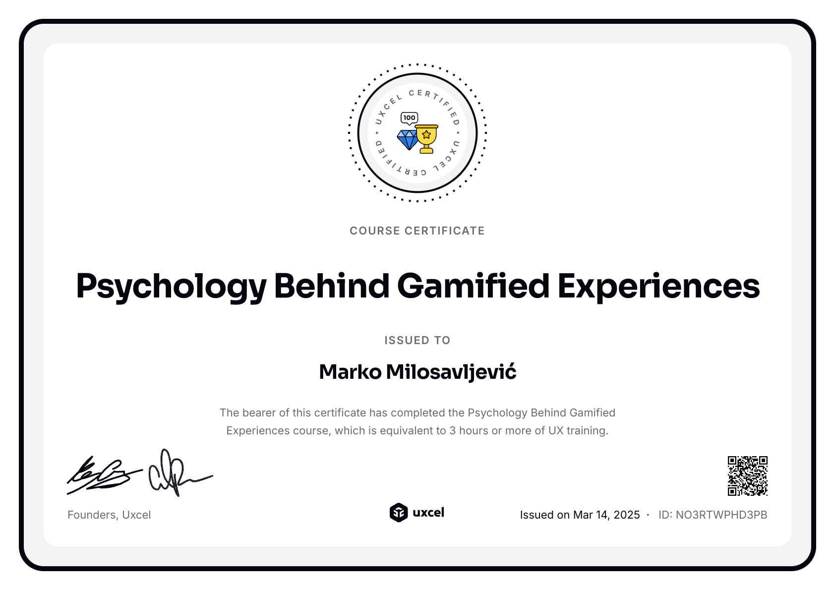 Marko Milosavljević's certificate